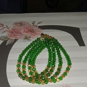 VTG Green & Gold Beaded Crystal 4 Layer Bracelet